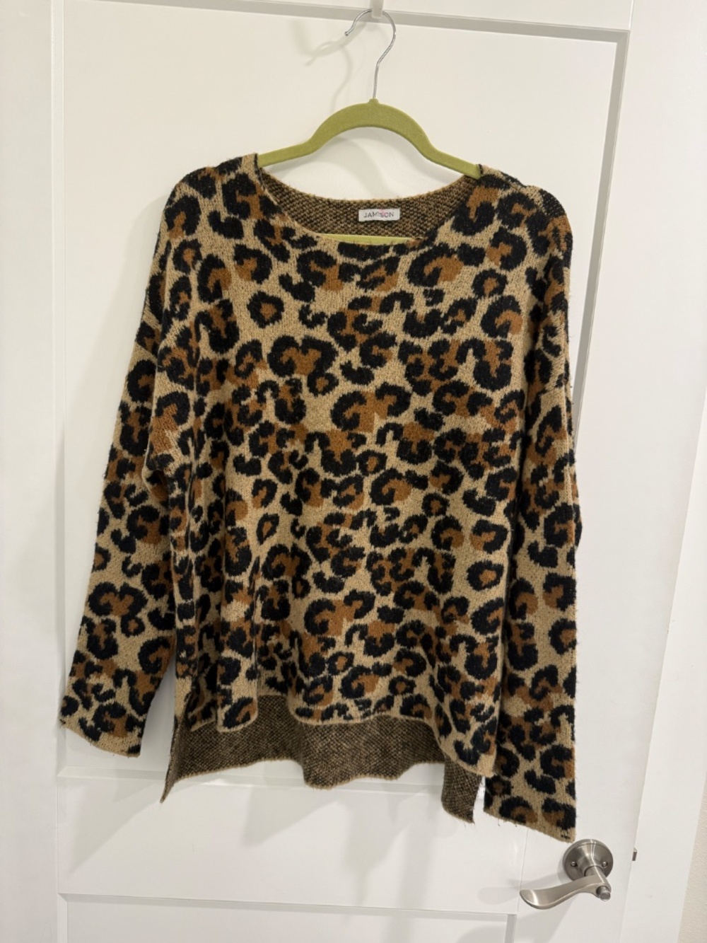 Jamison Leopard Print Knit Sweater High Low Oversized Brown Black Size XL